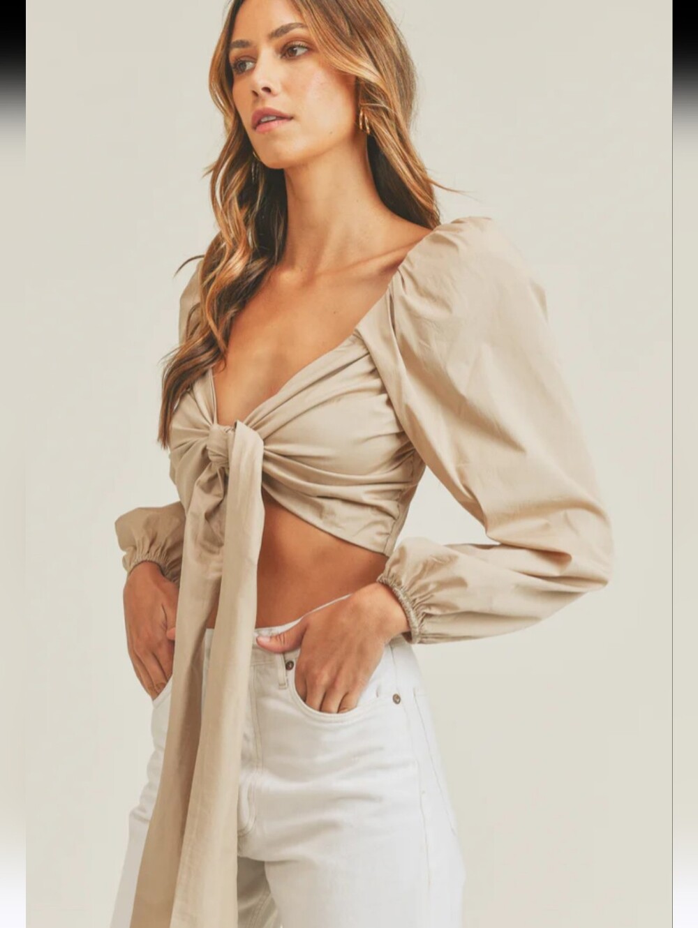 MABLE Beige Angel Tie-Front Puff Sleeve Crop Top